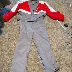 Obermeyer Crockett One Piece Red and Gray Ski Suit